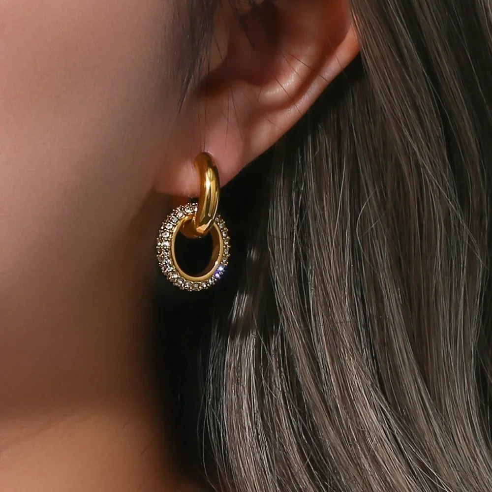 Chunky Micro Pave Zircon Double Hoop Earrings 18K Gold Plated Stainless Steel - Picture 3 of 10